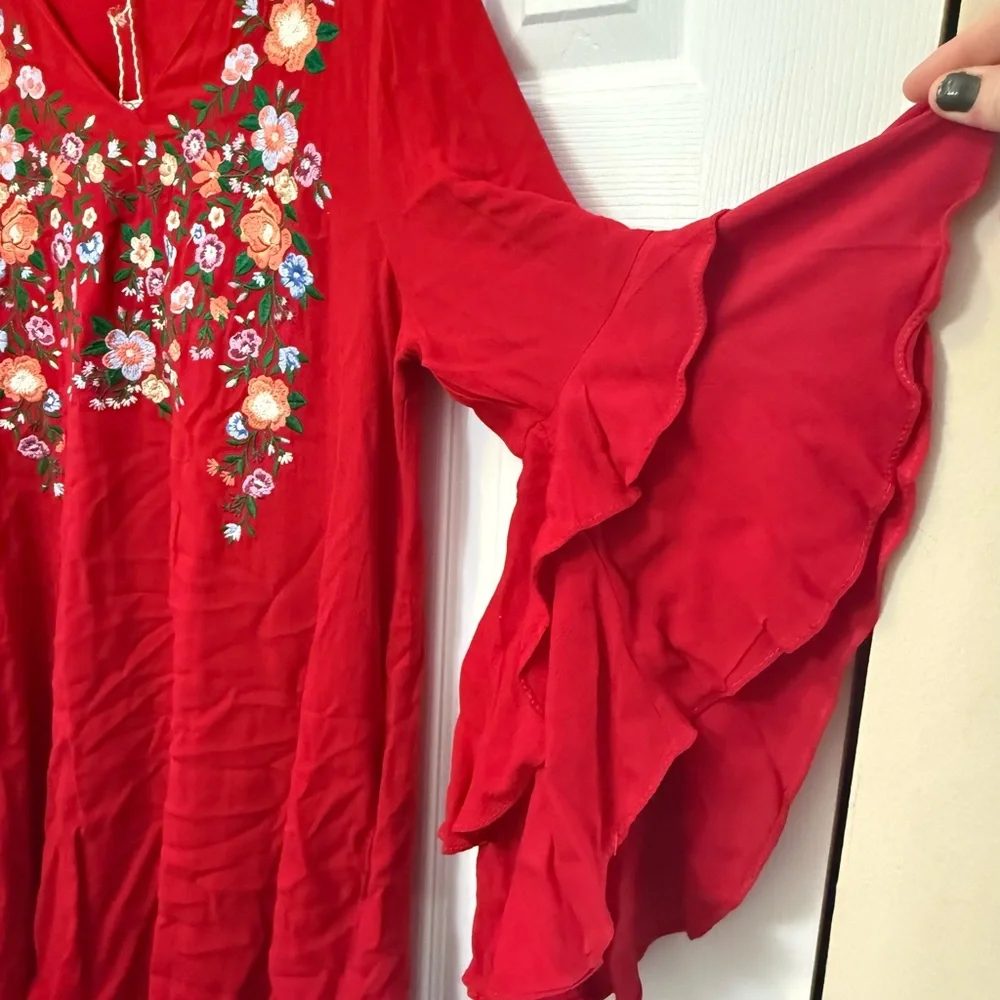 Umgee Red Embroidered Floral Tunic Dress Size XL Boho - Picture 4 of 7
